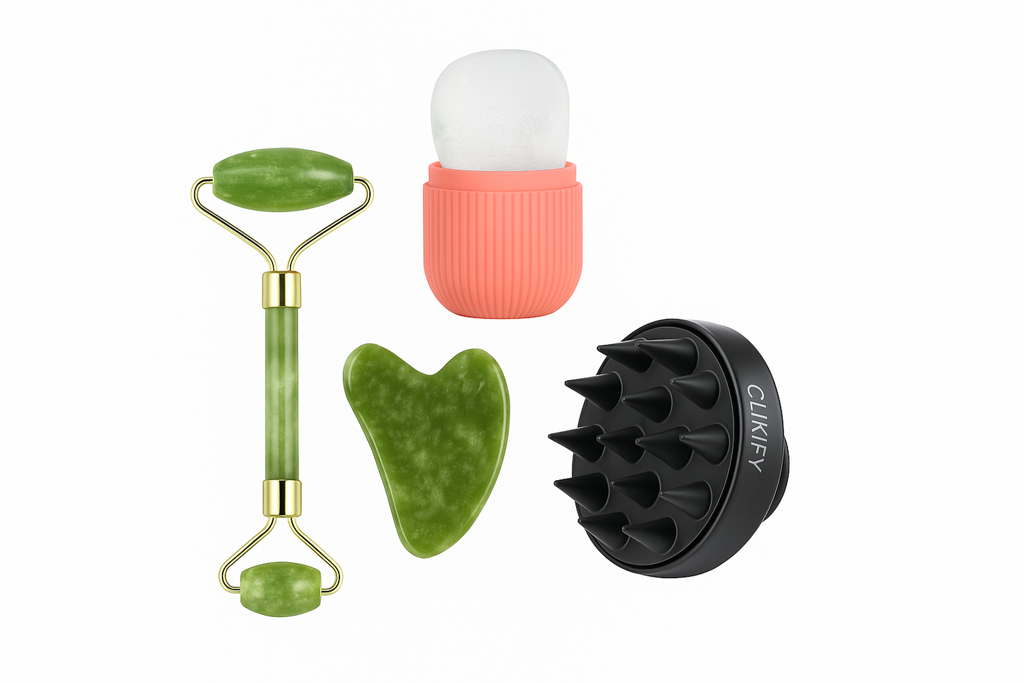 3 PCS Combo – Jade Roller with Gua Sha Stone, Ice Roller, and Soft Silicone Scalp Massager